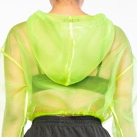 Organza Sheer Mesh Cropped Hoodie - Neon Green - Picture 4 of 4